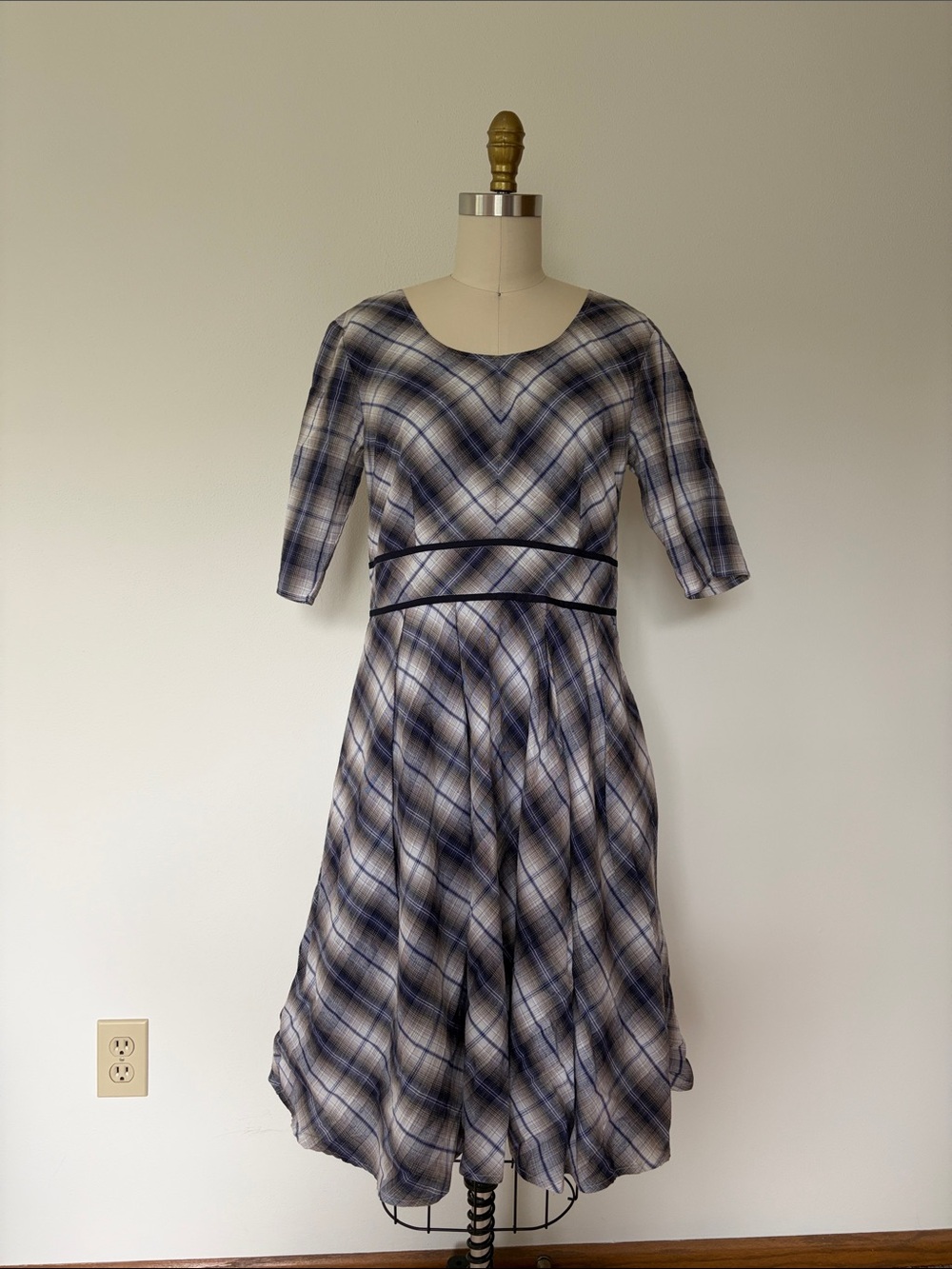 Blue Plaid Fit-and-Flare Eshakti Dress with Waist Piping